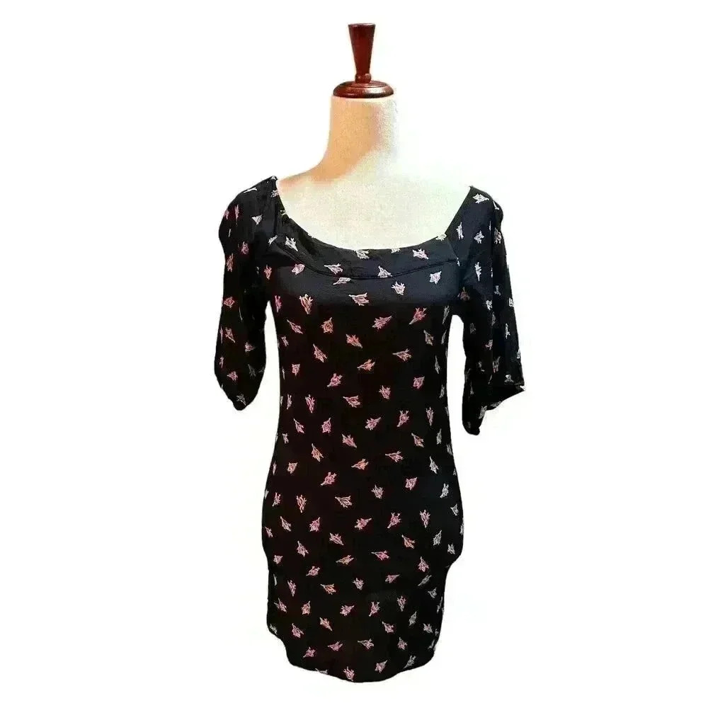 Flynn Skye Women's Black Square Neckline Charcoal Bud Floral Mini Dress Small